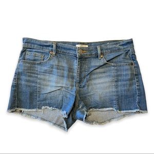 LOFT Made and Loved Frayed Denim Jean Cut Off Shorts In Vintage Mid Indigo Wash